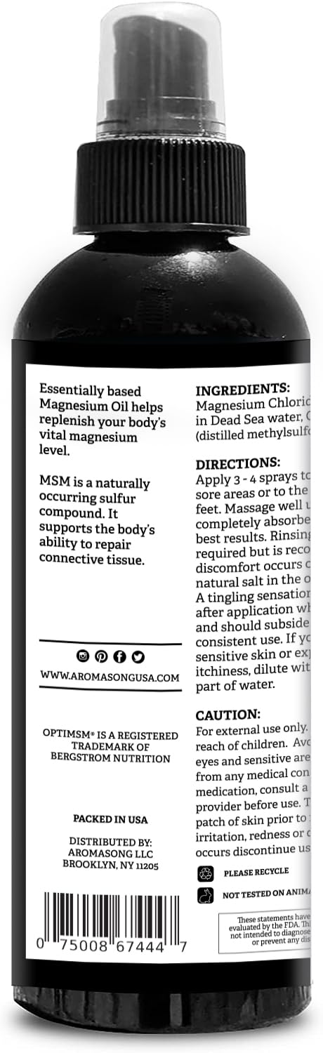 Aromasong Extra Strength Ultra-Pure Magnesium Spray + OptiMSM (23mg Magnesium in Each Spray) 8 Oz,
