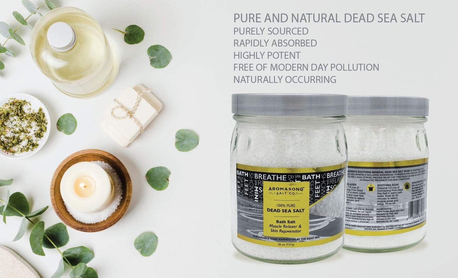 26 oz Dead Sea Salt, Mineral Spa Bath Salts, Fine Grain, 100% Pure & Natural, Used for Body wash Scrub, Soak for Women & Men to Relax Tired Muscles and Treat Skin Issues in a Beautiful Glass Jar