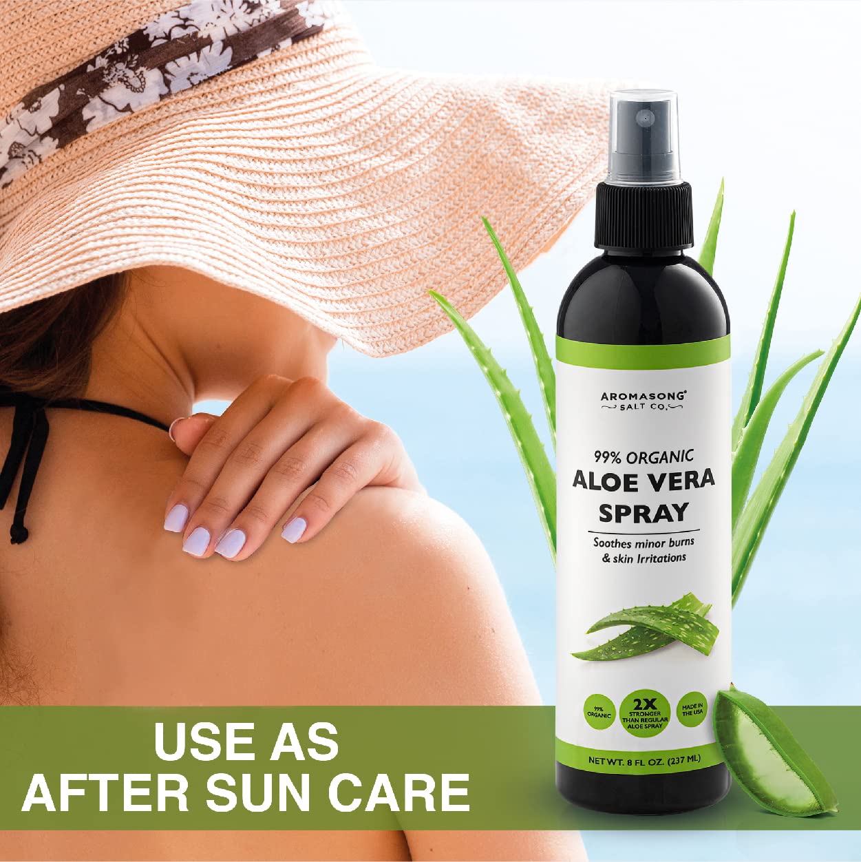 Aromasong Extra Strength Organic Aloe Vera Spray - 2X More Concentrated Aloevera Spray for Face, Skin, Hair and Sunburn Relief.