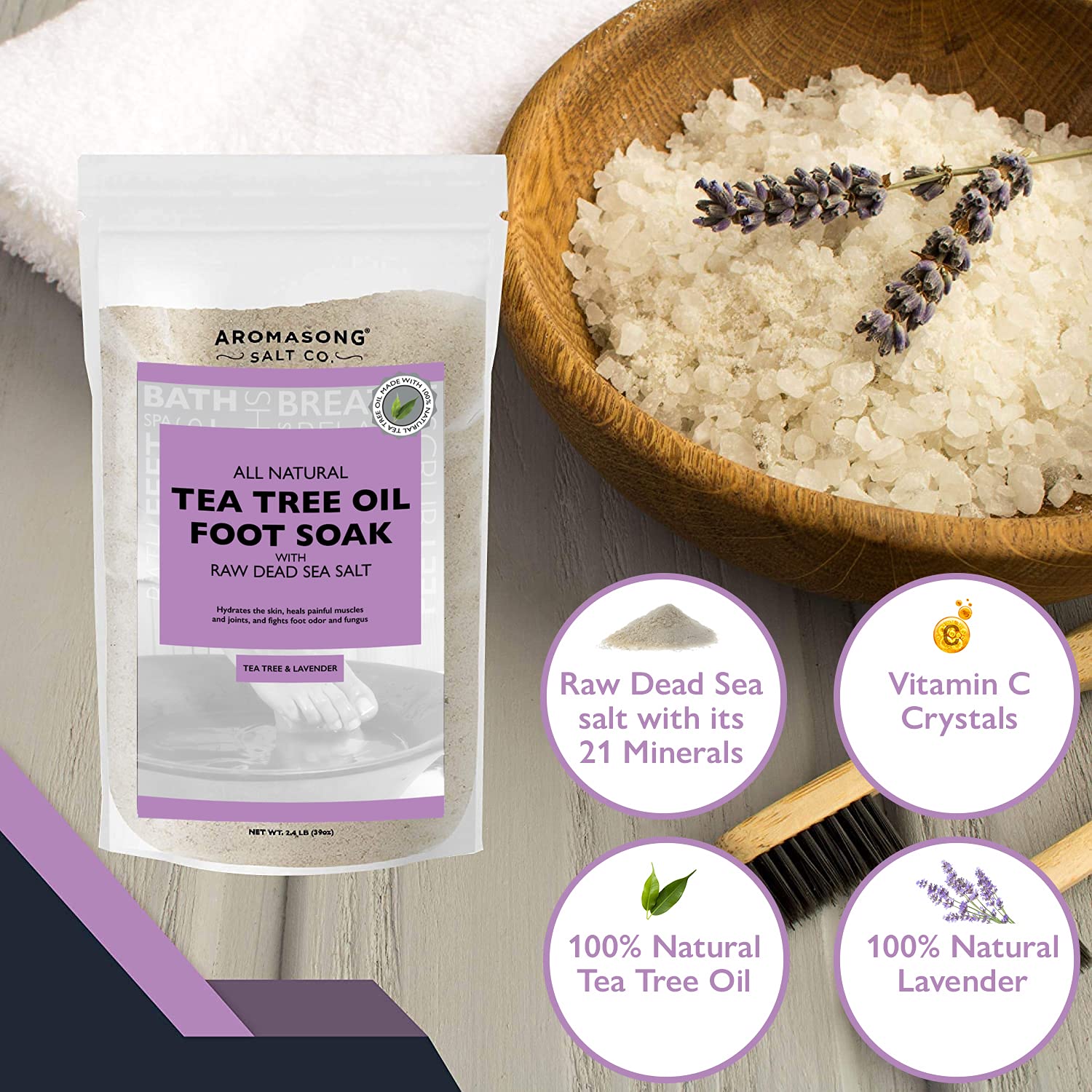 Aromasong Tea Tree Oil Foot Soak with Raw Dead Sea Salt and 100% Natural Ingredients, 2.4 LB