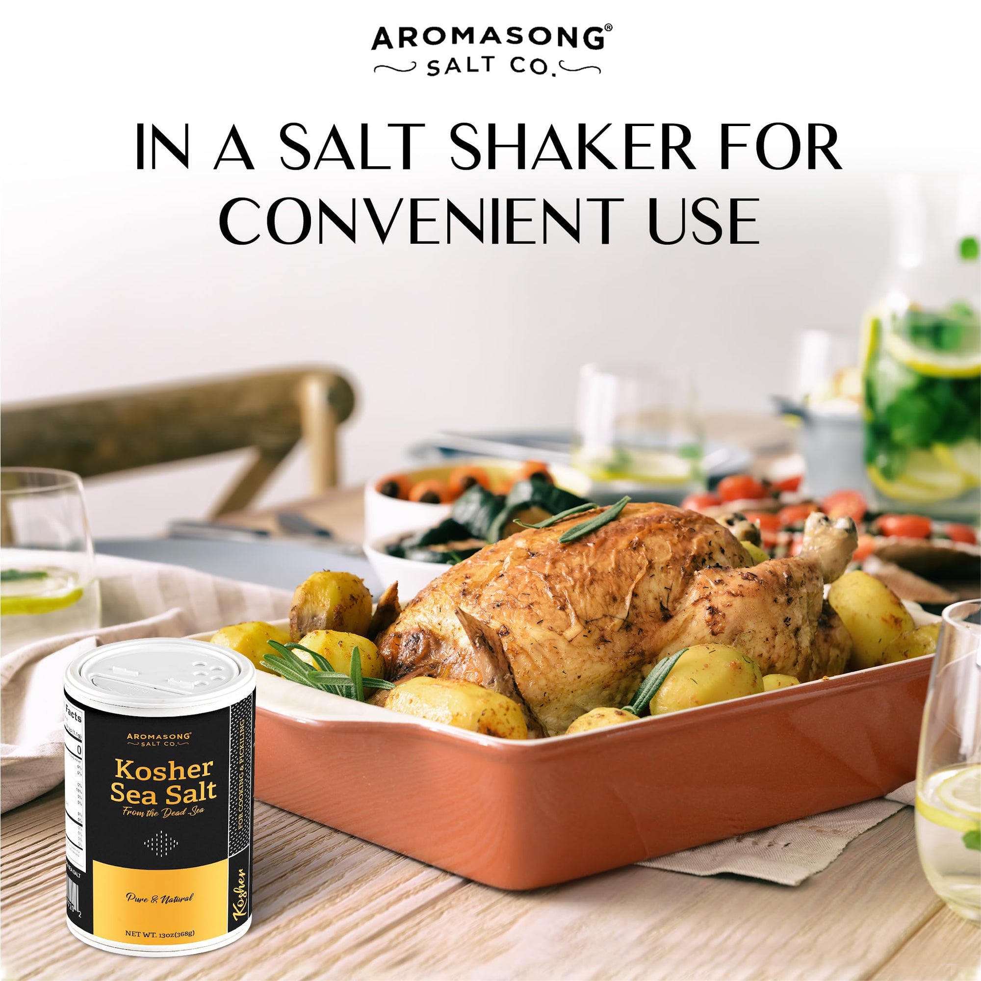 Aromasong 100% Natural Sea Salt, Kosher Salt Grain, 13 OZ. Salt Shaker, All Natural, Unrefined, Gluten Free