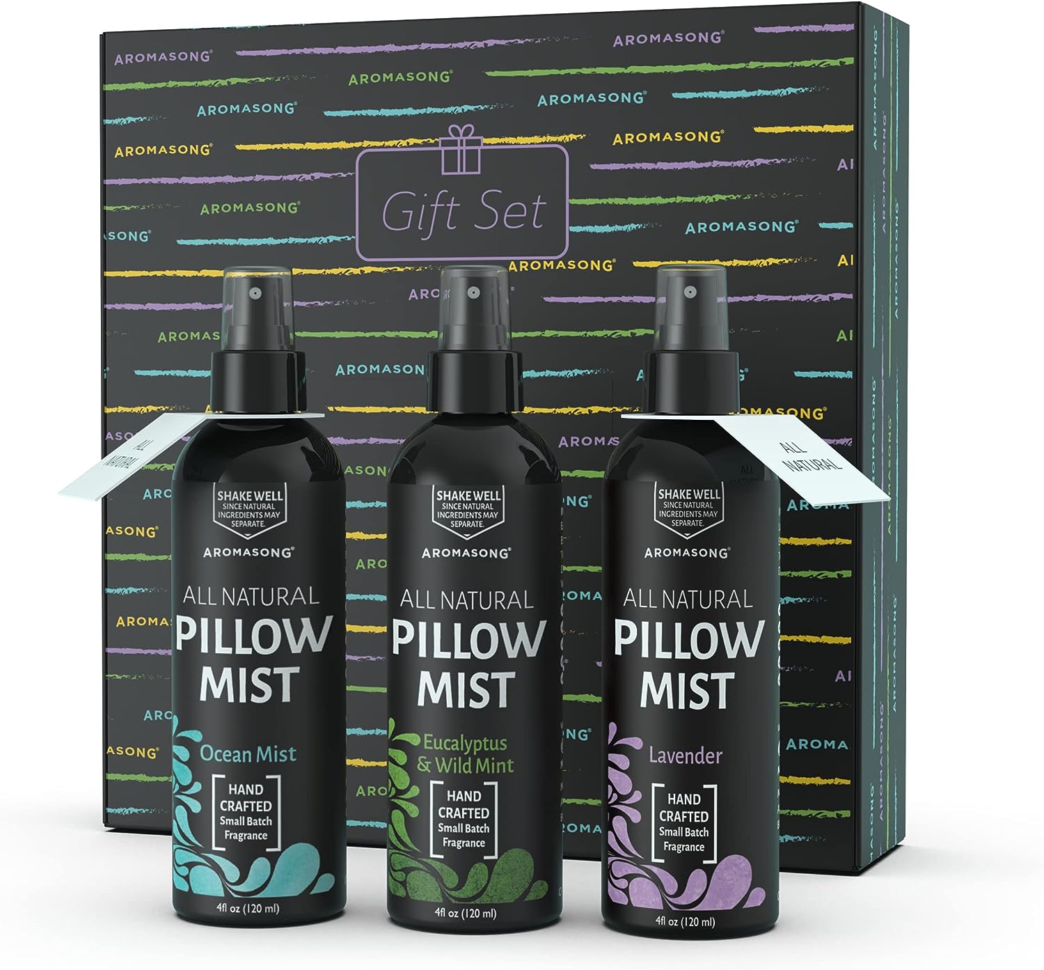 Aromasong All Natural Pillow Spray for Deep Sleep- Holiday Gift Pack of Lavender, Ocean Mist, and Eucalyptus Included