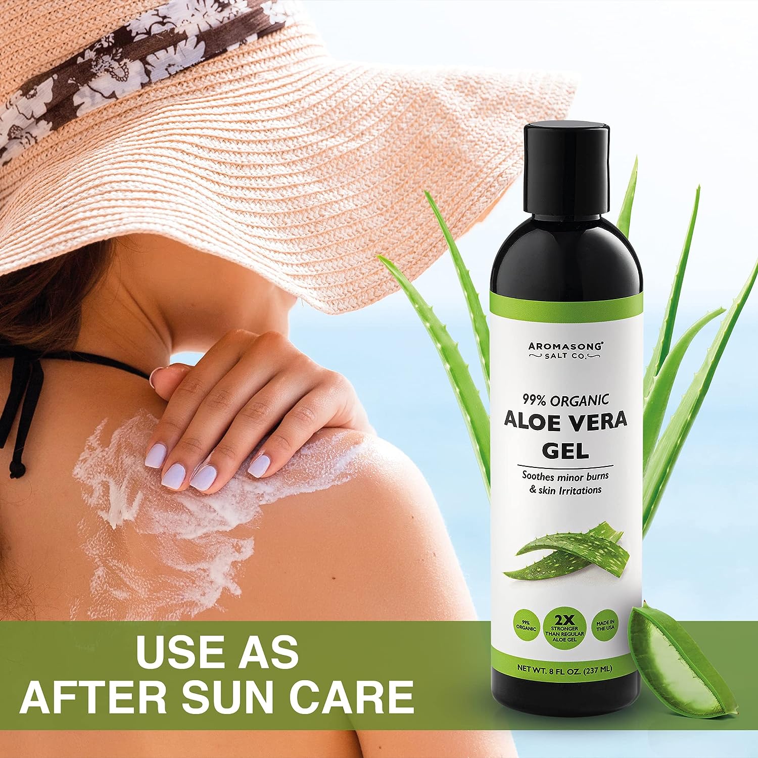 Aromasong Extra Strength Organic Aloe Vera Gel - 2X More Concentrated Aloevera Gel for Face, Skin, Hair and Sunburn Relief