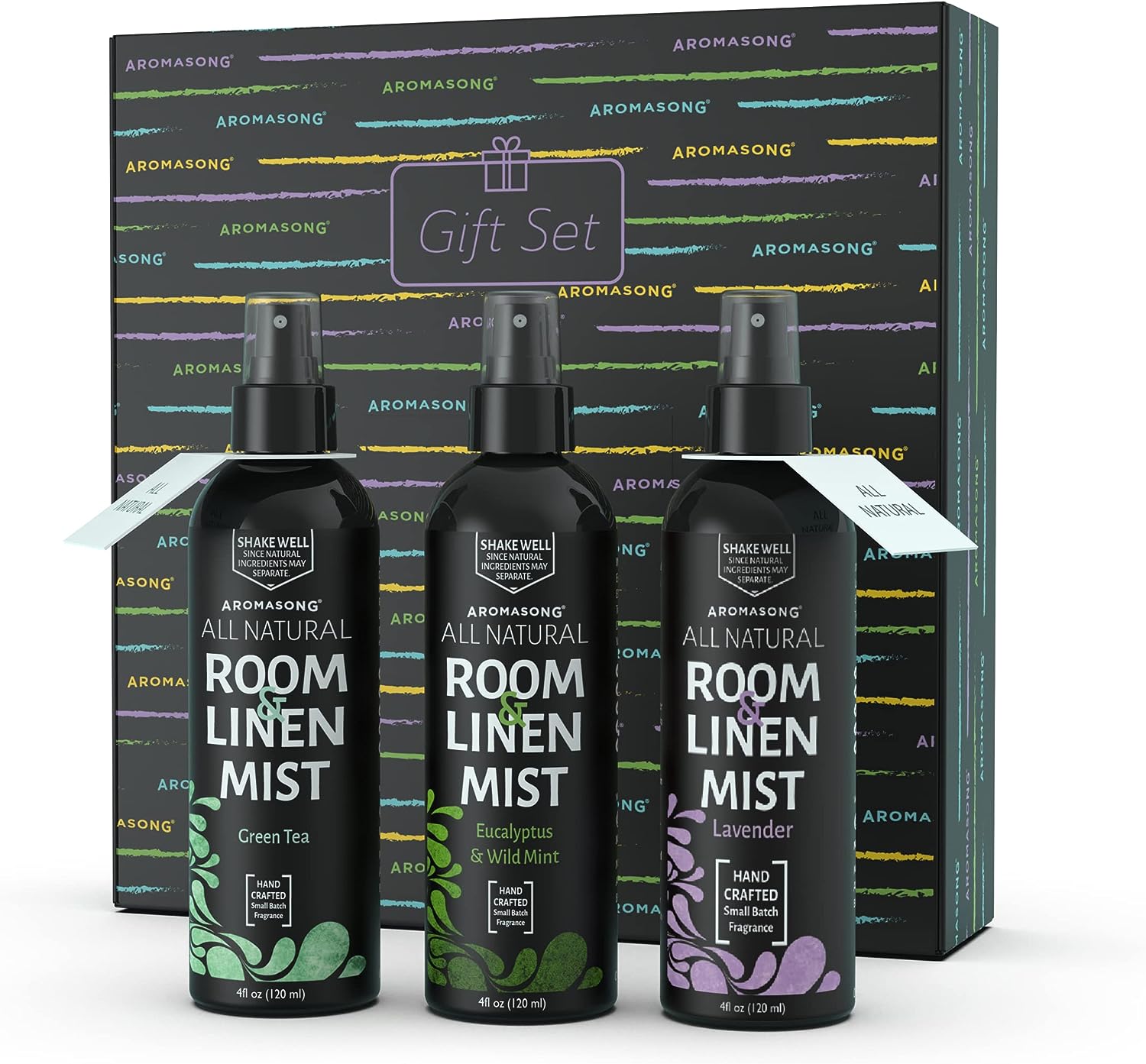 Aromasong All Natural Room & Linen Spray For Pillows And Sheets- Holiday Gift Pack Of Lavender, Green Tea, And Eucalyptus Included