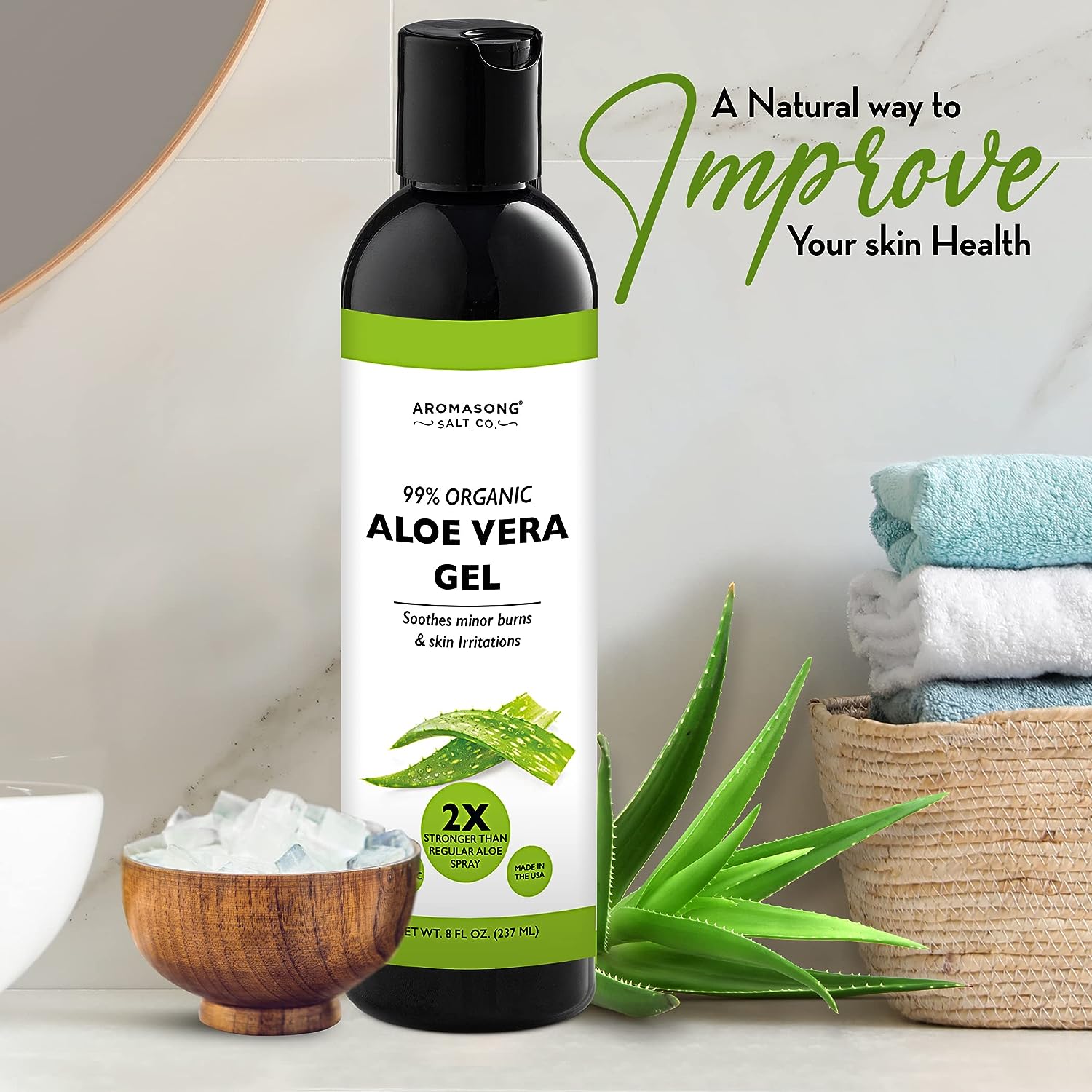 Aromasong Extra Strength Organic Aloe Vera Gel - 2X More Concentrated Aloevera Gel for Face, Skin, Hair and Sunburn Relief