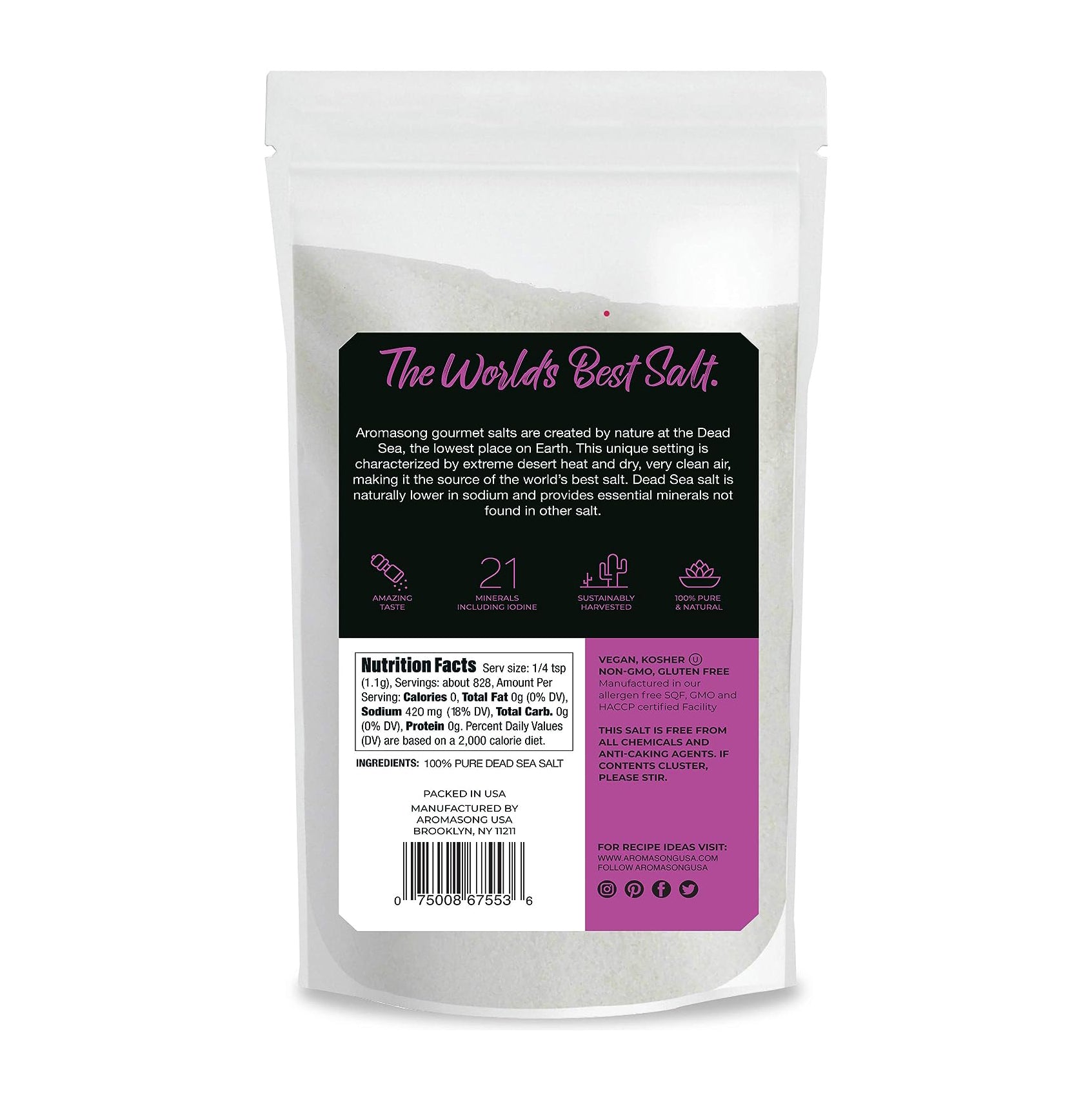 Aromasong 100% Natural Sea Salt Bulk Food Grade 5Lb, Coarse Grain, Large Resealable Bag, Pure Dead Sea Salt, Gluten Free