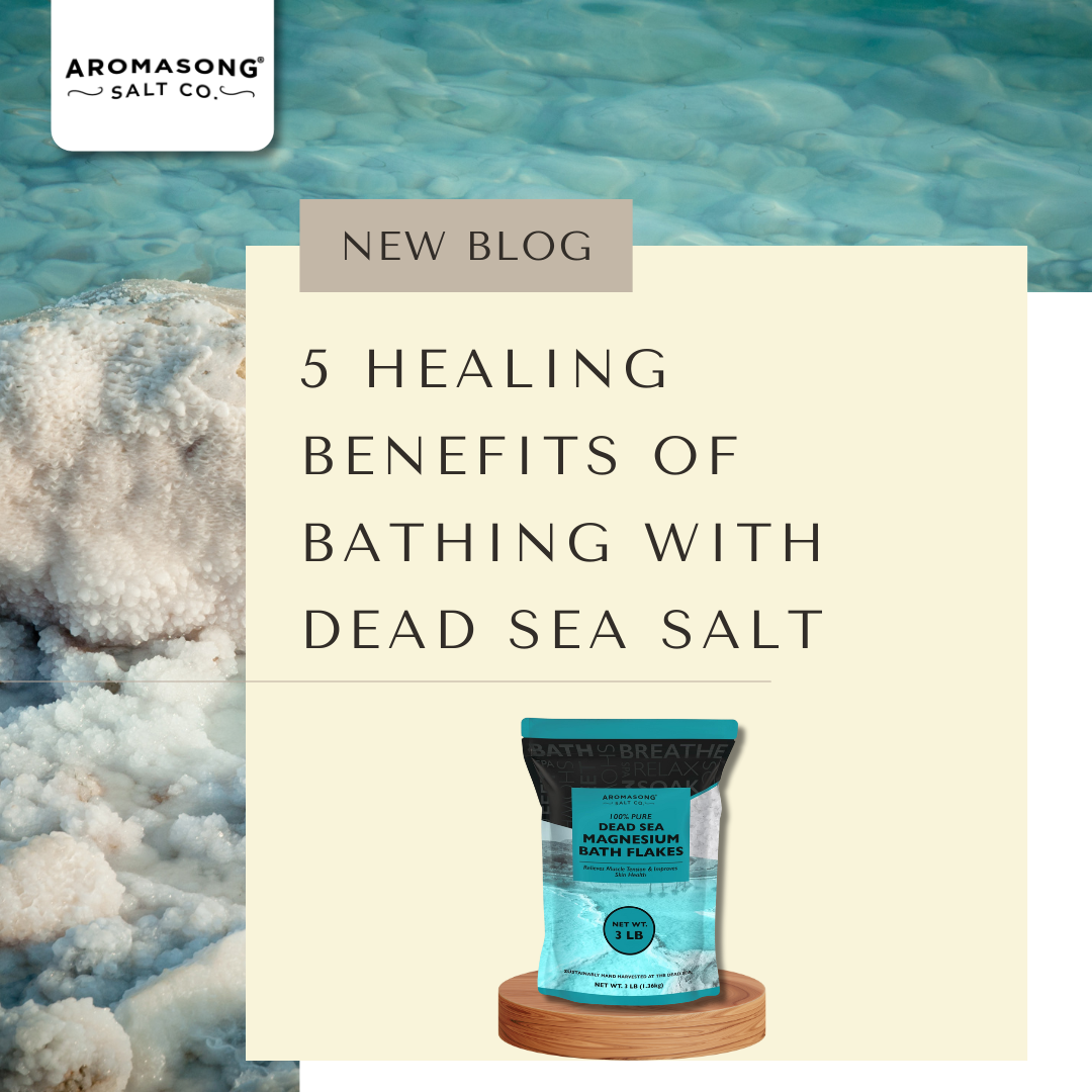 Aromasong 100% Natural Dead Sea Salt in resealable packaging, ideal for detox baths and skin therapy
