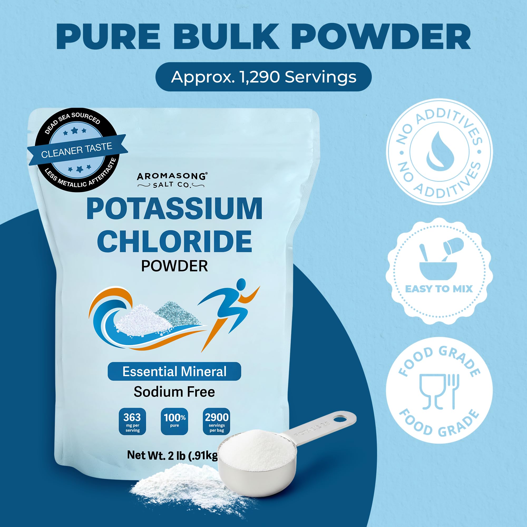 Aromasong Potassium Chloride Powder – Natural Low Sodium Salt Substitute & Essential Hydration Electrolyte Supplement