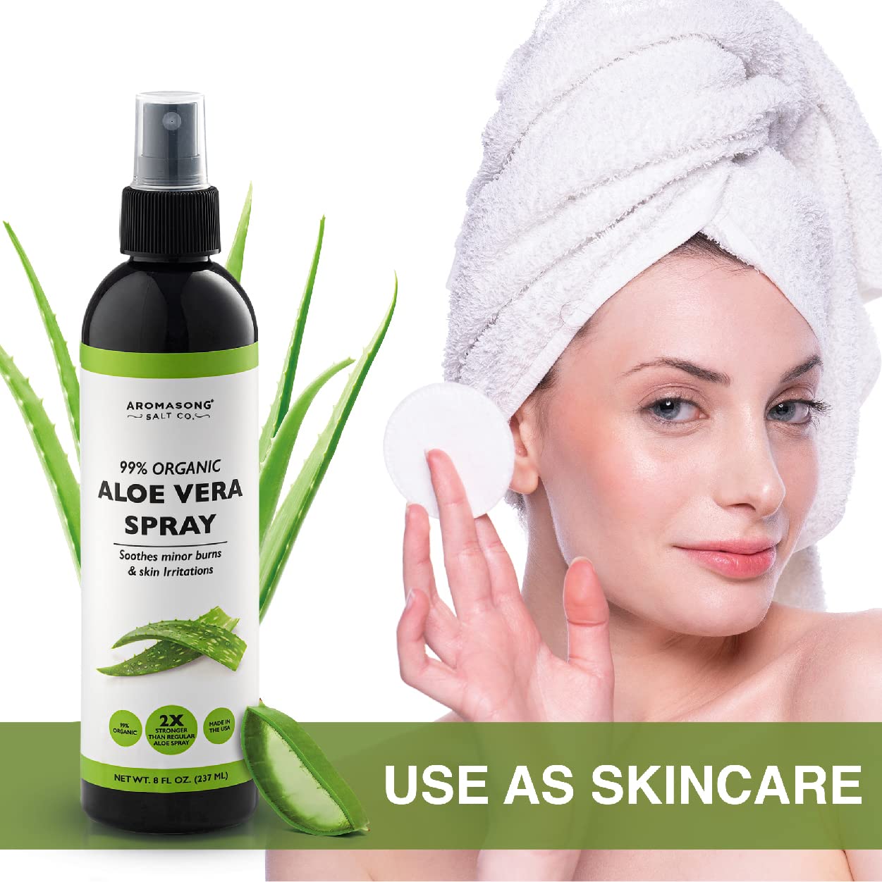 Aromasong Extra Strength Organic Aloe Vera Spray - 2X More Concentrated Aloevera Spray for Face, Skin, Hair and Sunburn Relief.