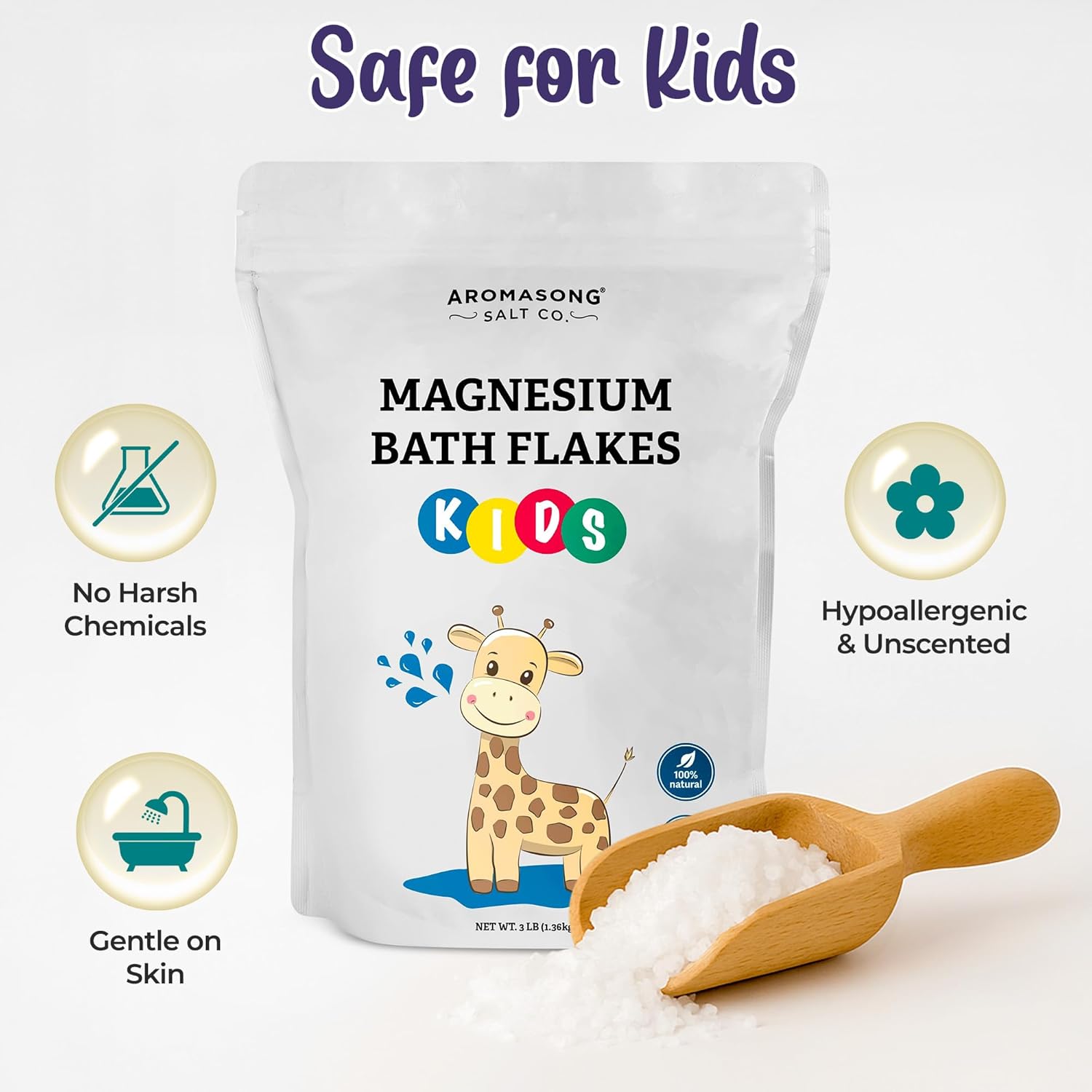 Aromasong Magnesium Flakes for Kids Bath – 3 LB Resealable Bag | Pure Dead Sea Salt Bath Flakes for Kids, Toddlers & Babies | Gentle Calming Epsom Salt Alternative | Soothing Bedtime Detox Soak