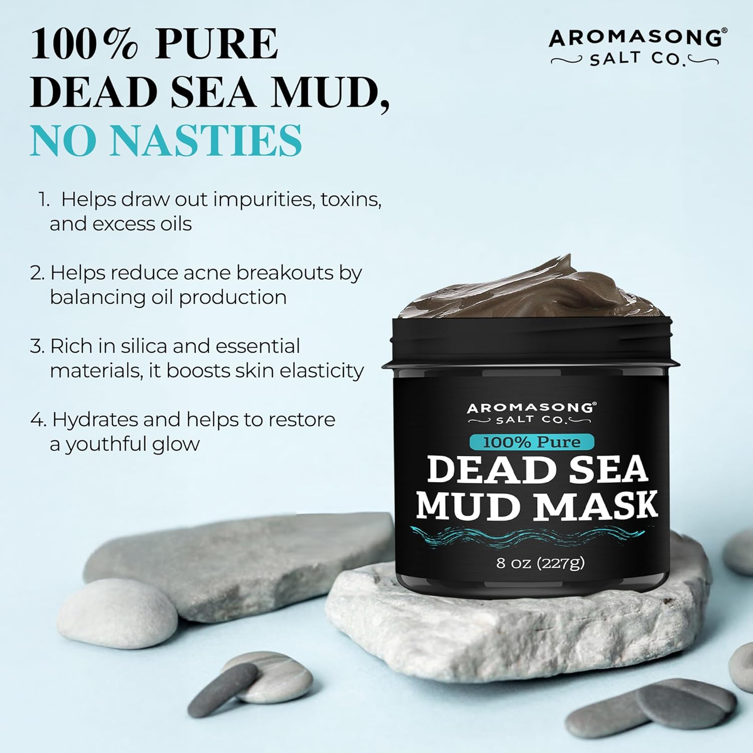 Aromasong 100% Pure Dead Sea Mud Mask - 5 Minute Mask - No Ingredients Added - for Face & Skincare - Blackhead Remover - Anti-aging - Pore Minimizer