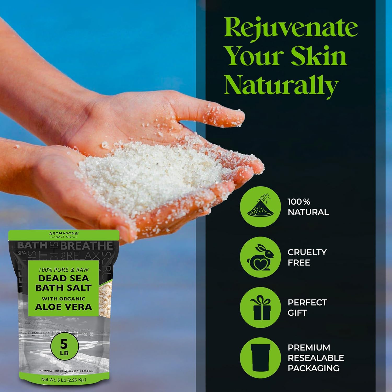 Aromasong Raw Dead Sea Bath Salt with Organics Aloe Vera - 5 lbs