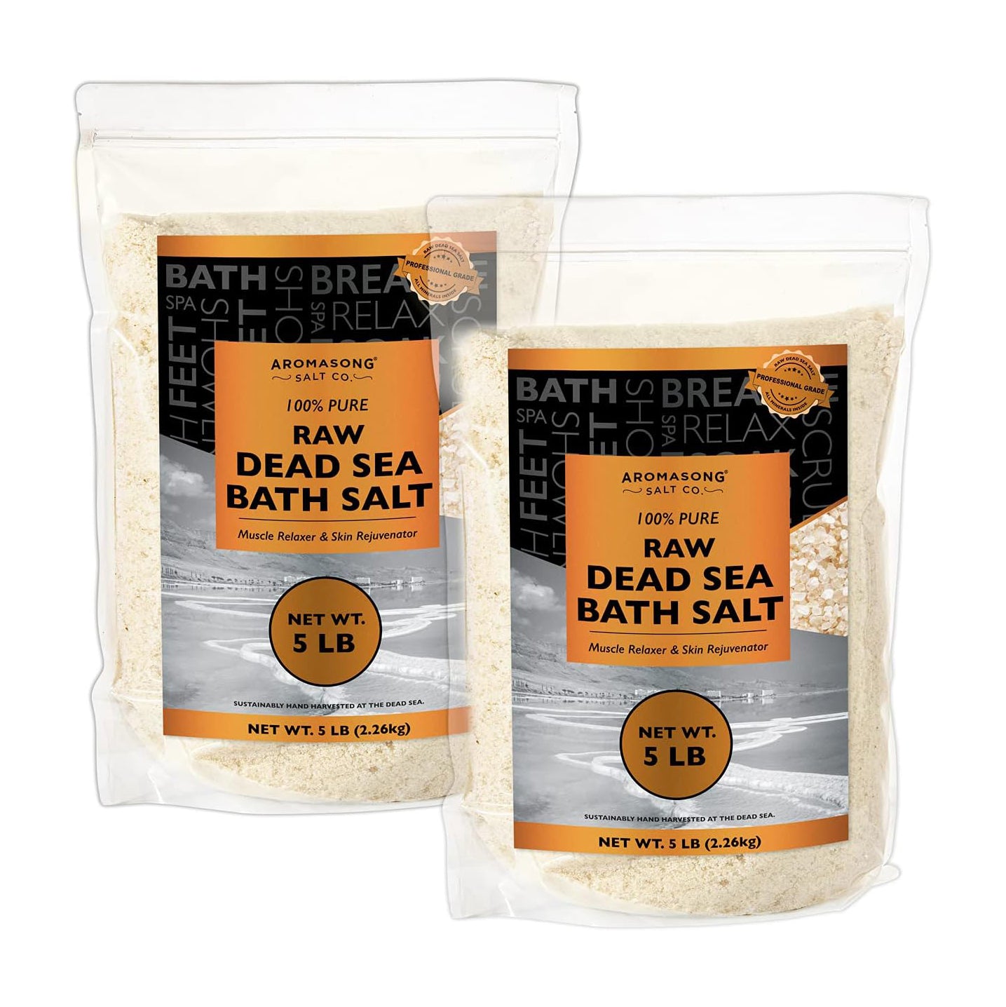 Aromasong Raw Dead Sea Salt for Soaking - Minimal Cleaned Bath Salt Soak - 10 Lbs (2 x 5 lb. Bags)