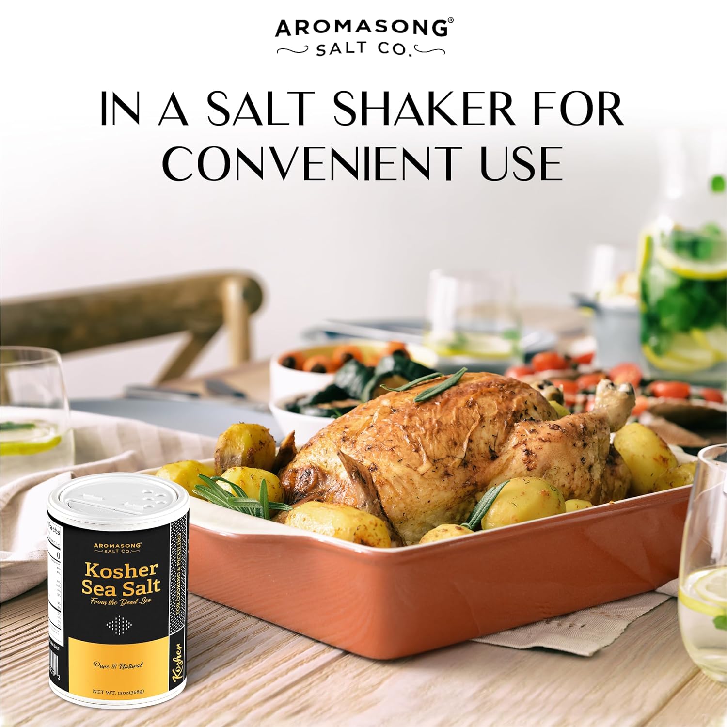 Aromasong 100% Natural Sea Salt, Kosher Salt Grain, 13 OZ. Salt Shaker, All Natural, Unrefined, Gluten Free