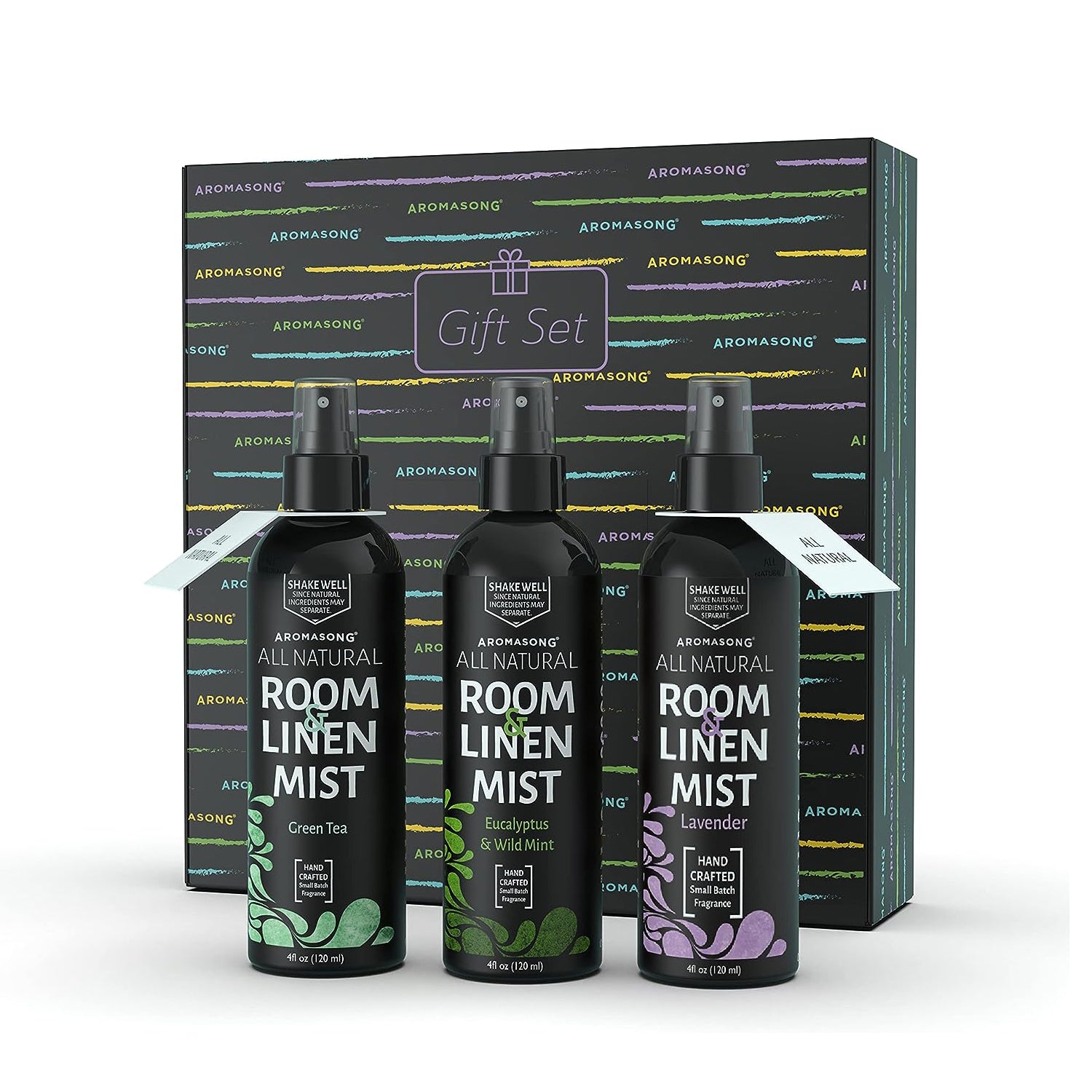 Aromasong All Natural Room & Linen Spray For Pillows And Sheets- Holiday Gift Pack Of Lavender, Green Tea, And Eucalyptus Included