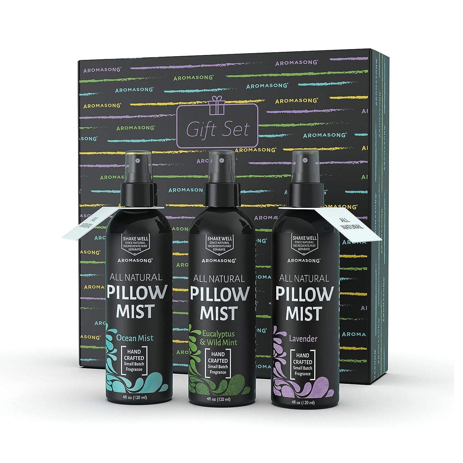 Aromasong All Natural Pillow Spray for Deep Sleep- Holiday Gift Pack of Lavender, Ocean Mist, and Eucalyptus Included