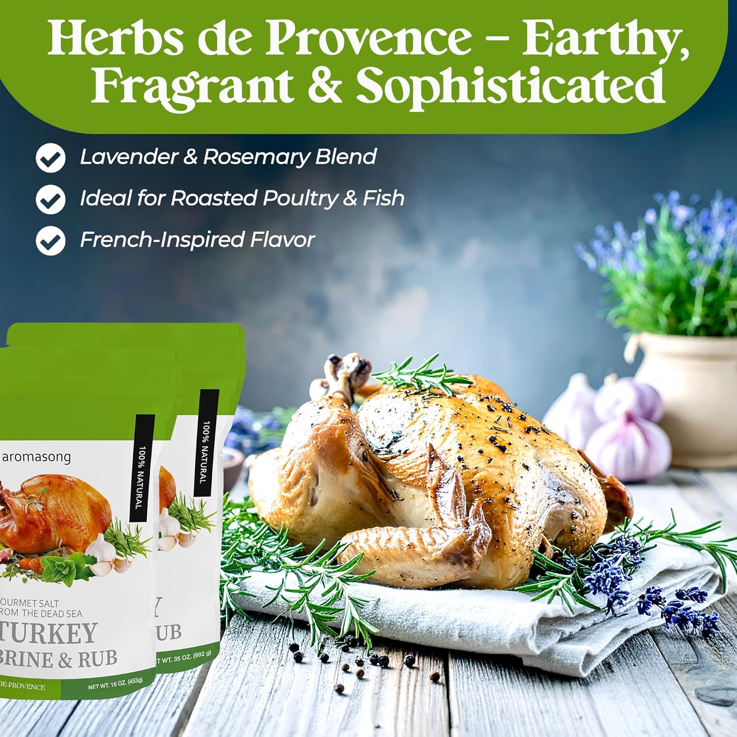 Aromasong Turkey Brine - 100% Natural - 2 LB - For Wet & Dry Brining. (Herbs De Provence seasoning) for Whole, Smoked, Oven-Roasted or Fried Turkey