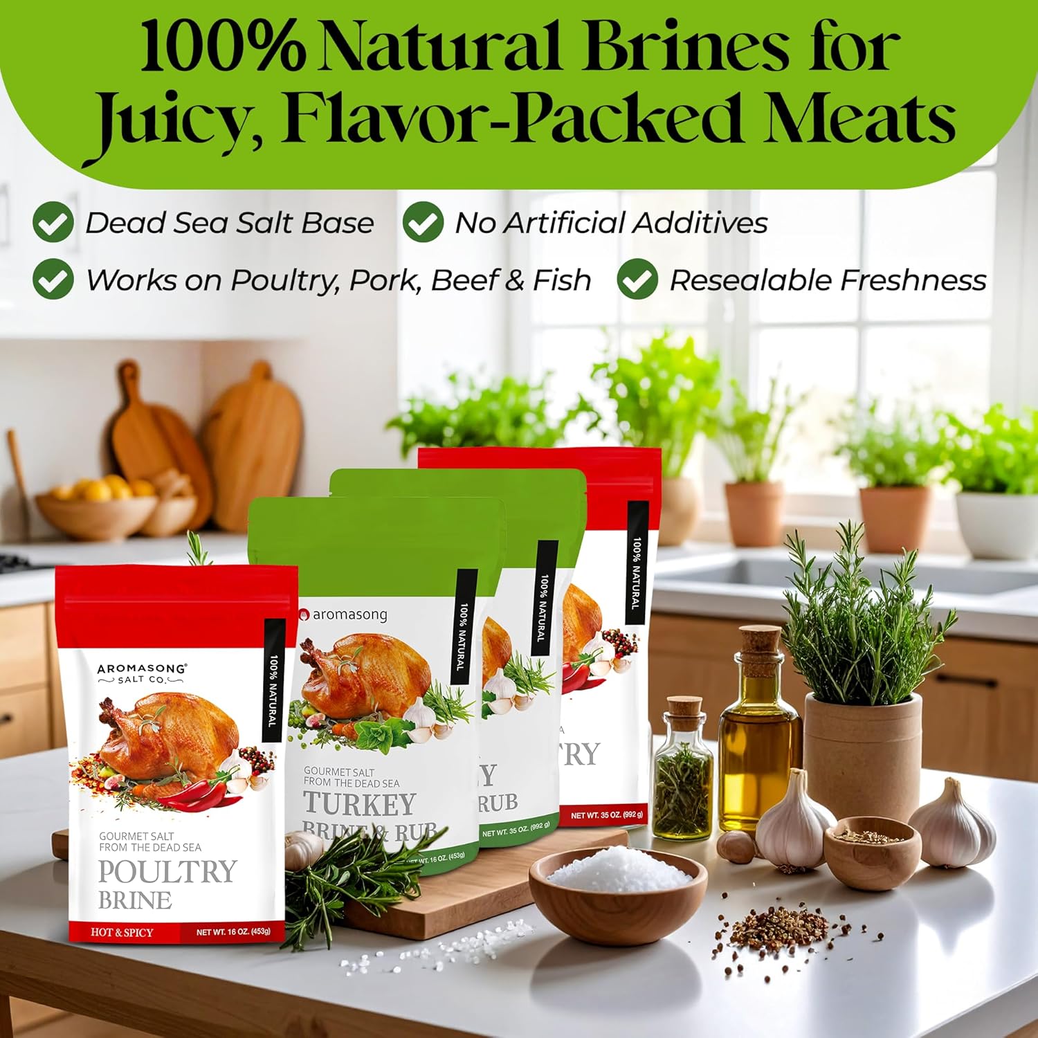 Aromasong Turkey Brine, Hot & Spicy, For Wet & Dry Brining, 2 Lb. 100% Natural, Gourmet Sea Salt Poultry Seasoning, for Roasting, Grilling,