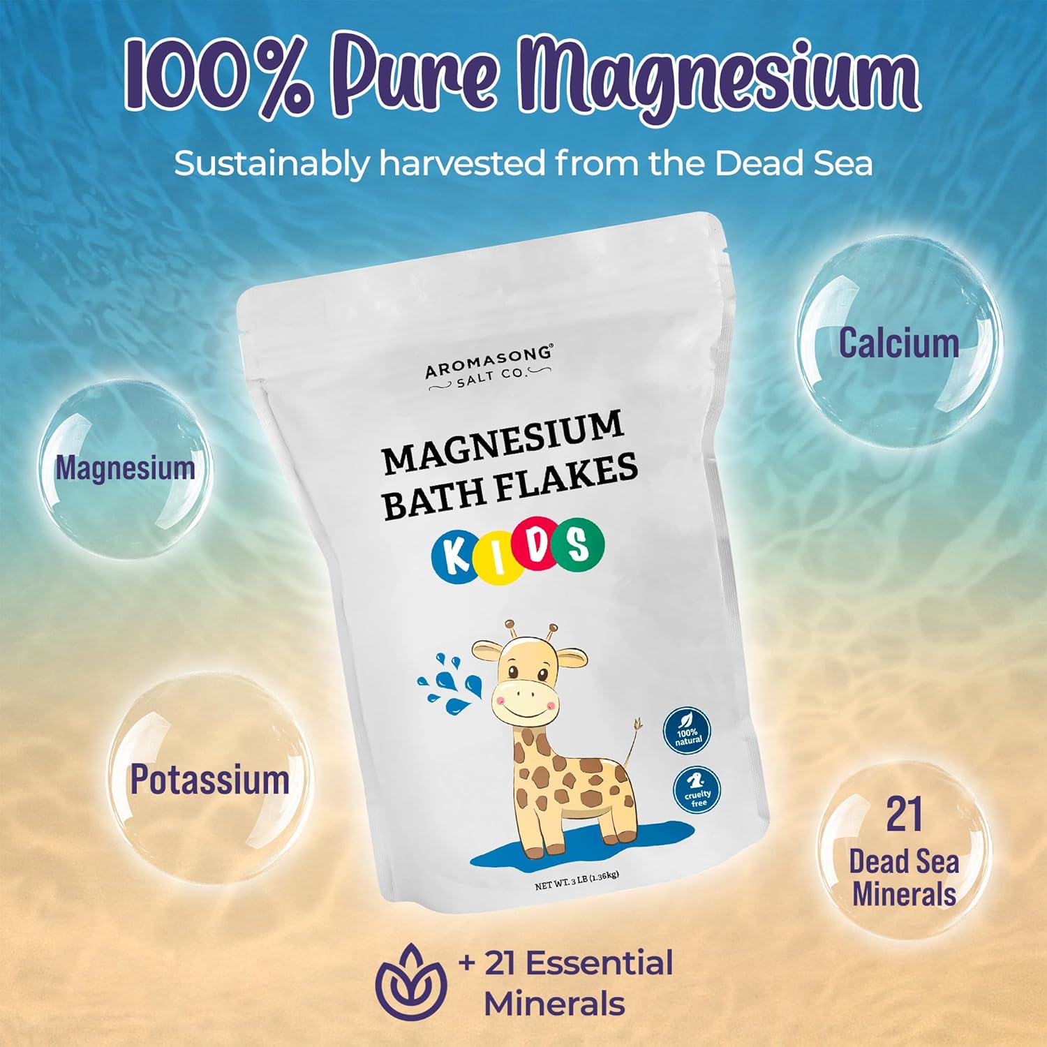 Aromasong Magnesium Flakes for Kids Bath – 3 LB Resealable Bag | Pure Dead Sea Salt Bath Flakes for Kids, Toddlers & Babies | Gentle Calming Epsom Salt Alternative | Soothing Bedtime Detox Soak
