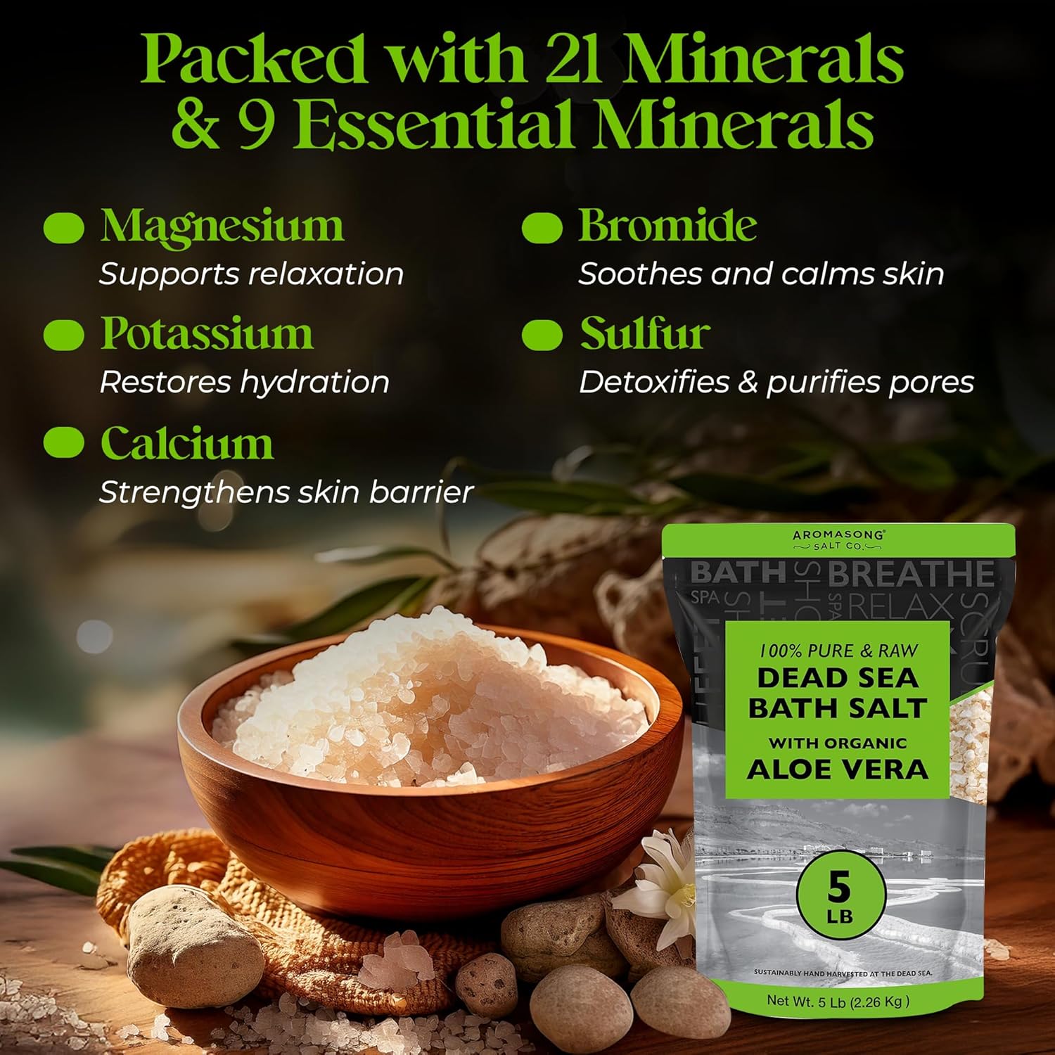 Aromasong Raw Dead Sea Bath Salt with Organics Aloe Vera - 5 lbs