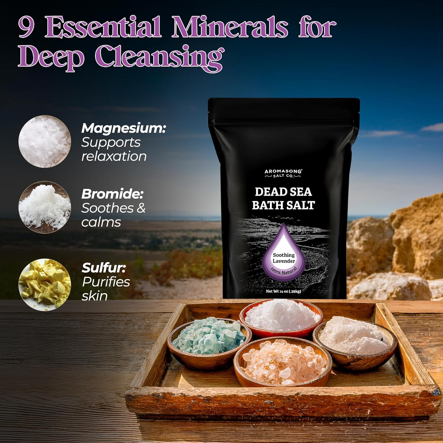 Aromasong Fine Grain Dead Sea Bath Salt with Natural Lavender- 14 Oz.