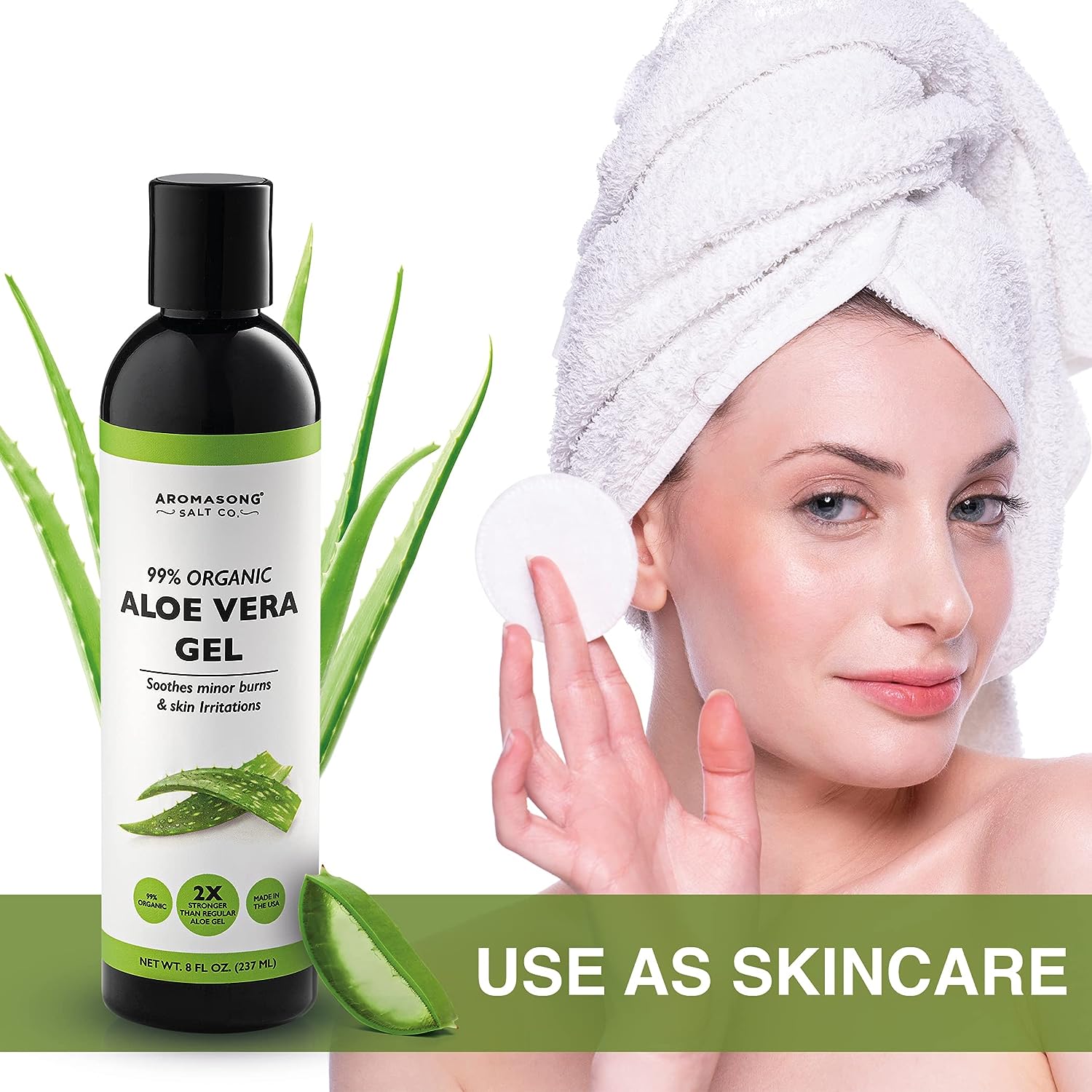 Aromasong Extra Strength Organic Aloe Vera Gel - 2X More Concentrated Aloevera Gel for Face, Skin, Hair and Sunburn Relief