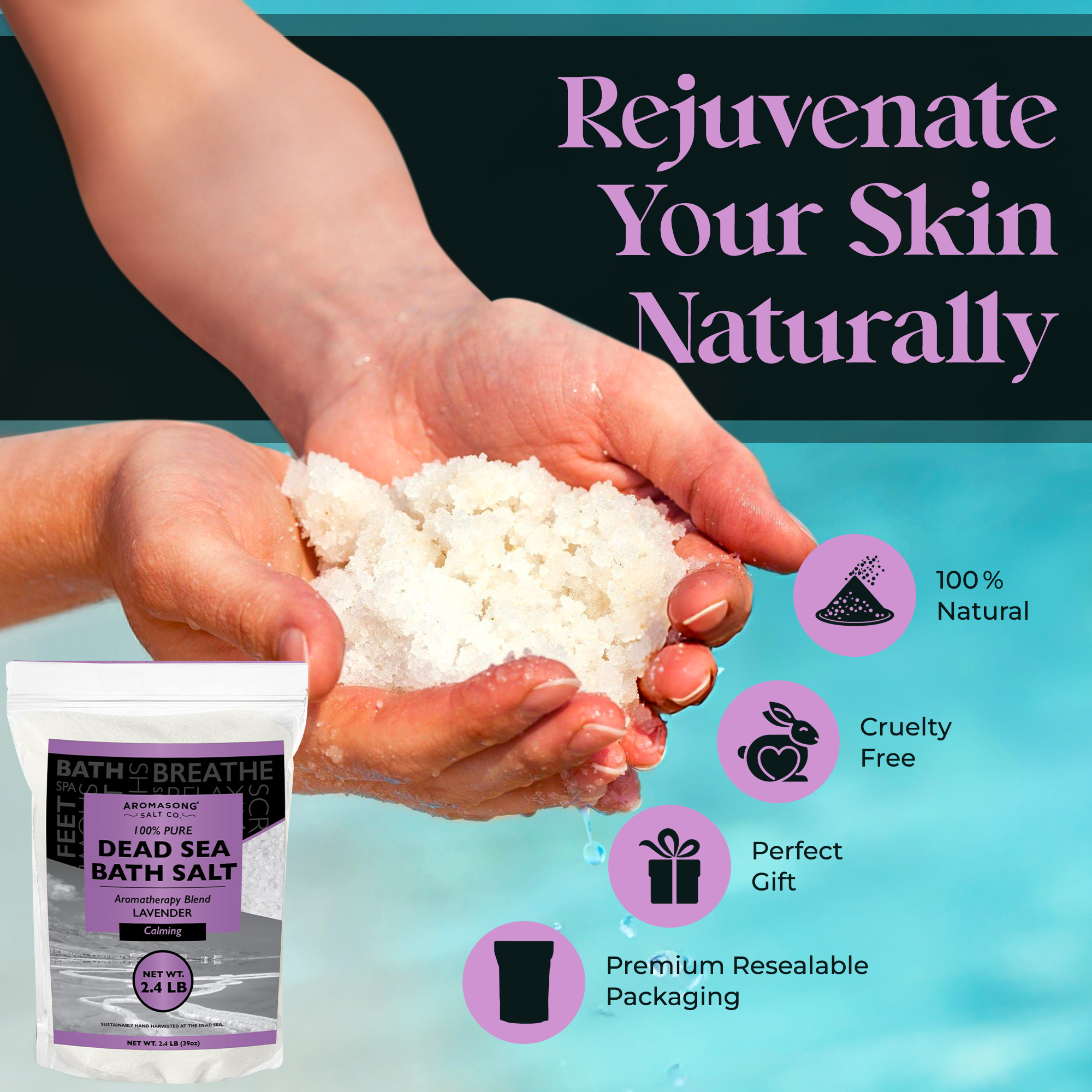 Aromasong Fine Grain Dead Sea Bath Salt with Natural Lavender- 2.43 lbs