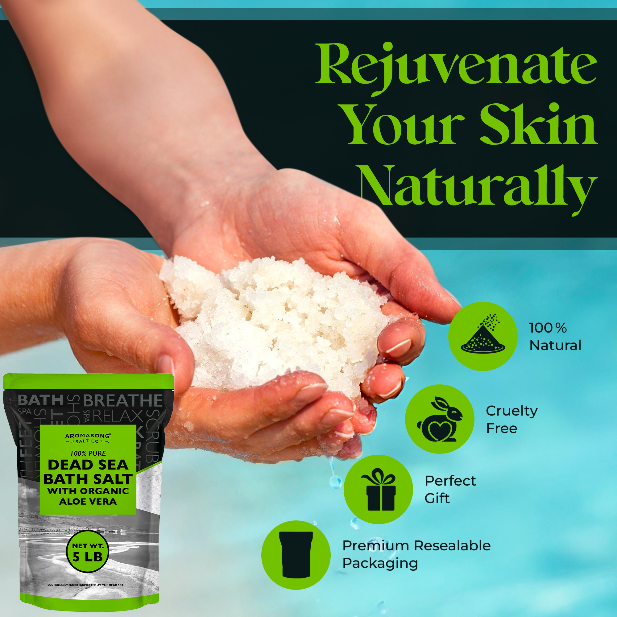 Aromasong Fine Grain Dead Sea Bath Salt with Organics Aloe Vera - 5 lbs